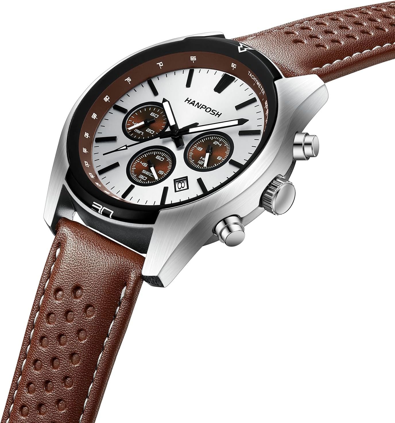 HANPOSH Mens Watches Stainless Steel Analog Quartz Chronograph Waterproof Wrist Watches for Men Luminous Luxury Fashion Business Casual Men's Wrist Watch with Date Leather Starp