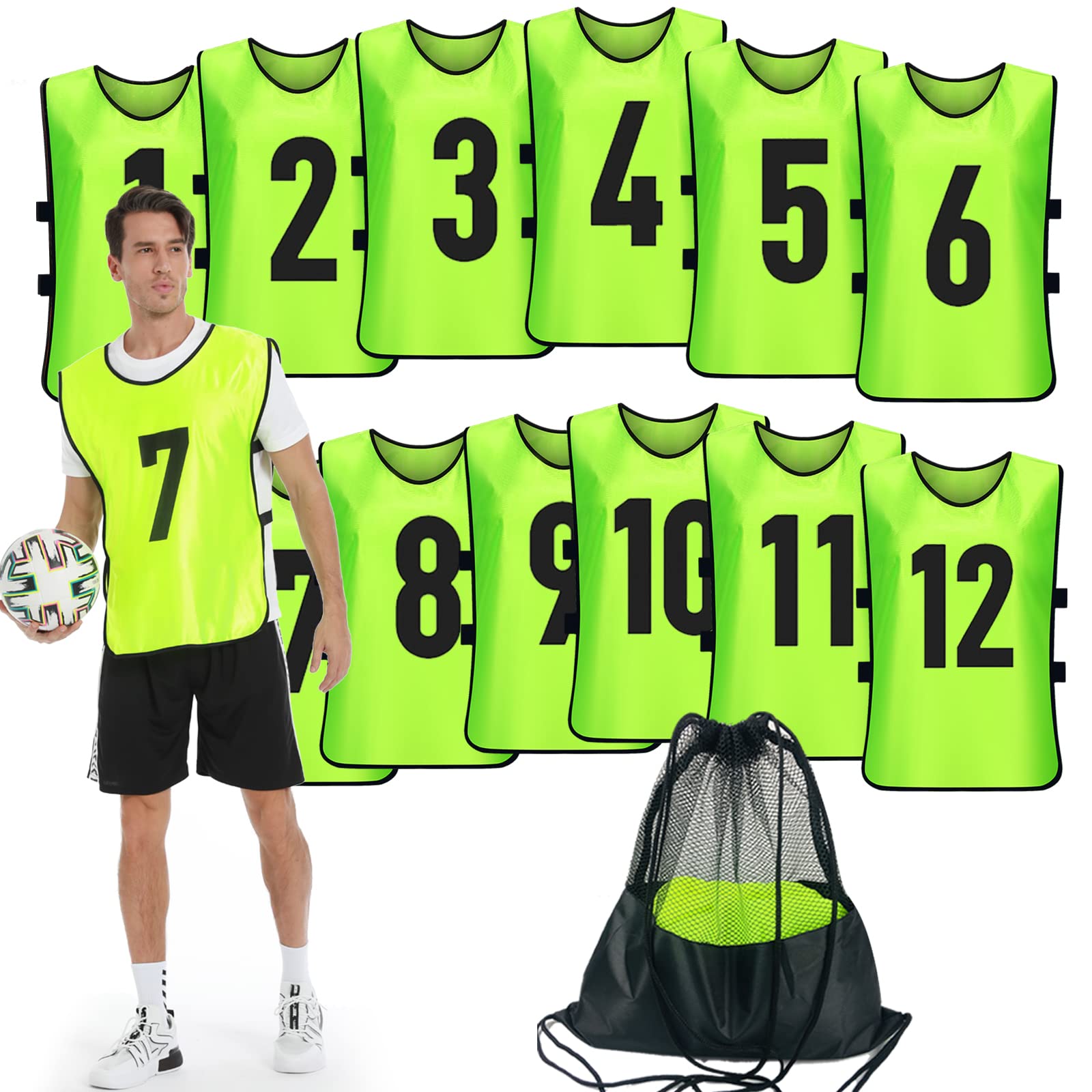 PULUOMASI Scrimmage Training Vest (12 Pack) Team Sports Pinnies Jerseys for Adult Youth Soccer Bibs Numbered Practice Jerseys