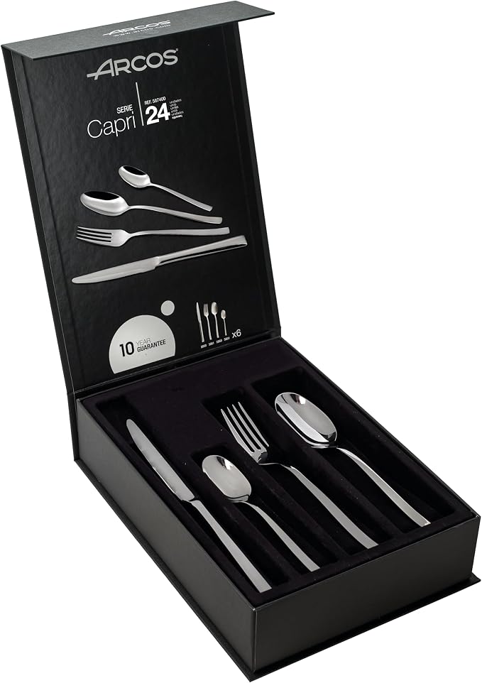 Arcos Serie Capri - Cubertería de 24 piezas en una Caja de Regalo (6 cuchillos + 12 cucharas + 6 tenedores) - Monoblock de una pieza en Acero Inoxidable Color Plata en oferta en Amazon