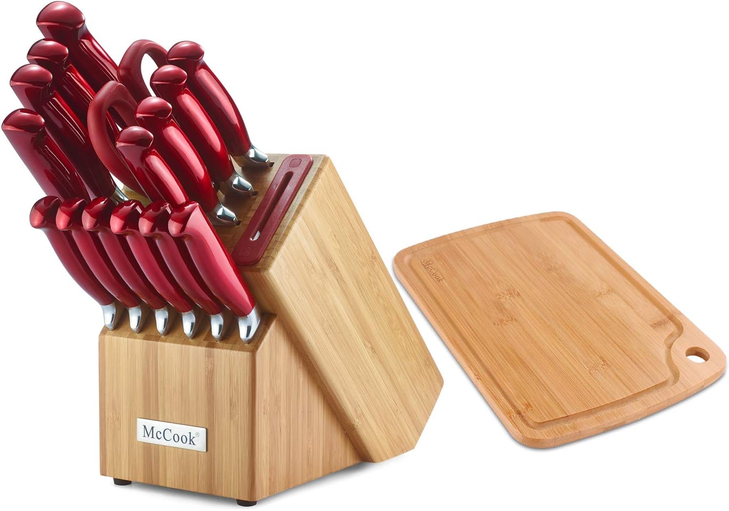 McCook MC38 16 Pieces Stainless Steel Hollow Handle Knife Set in Bamboo Block with Built-in Sharpener Plus Bonus Bamboo Cutting Board,Candy Red