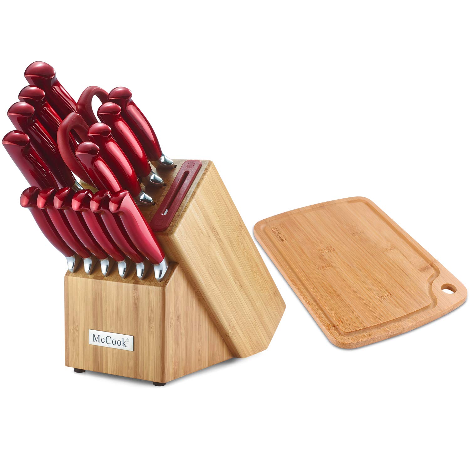 McCook MC38 16 Pieces Stainless Steel Hollow Handle Knife Set in Bamboo Block with Built-in Sharpener Plus Bonus Bamboo Cutting Board,Candy Red