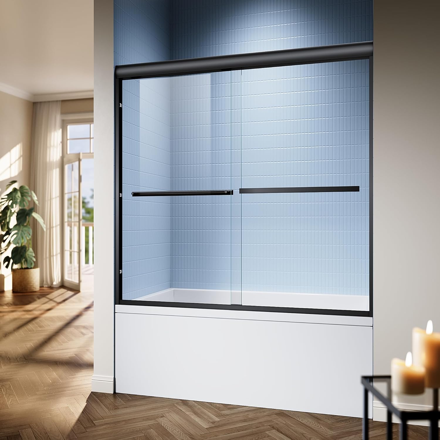56-60″x 58″ Semi-Frameless Sliding Bathtub Shower Door, 1/4" (6mm) Tempered Glass, Easy to Clean, Double Sliding Bypass Glass Tub Shower Doors, Matte Black