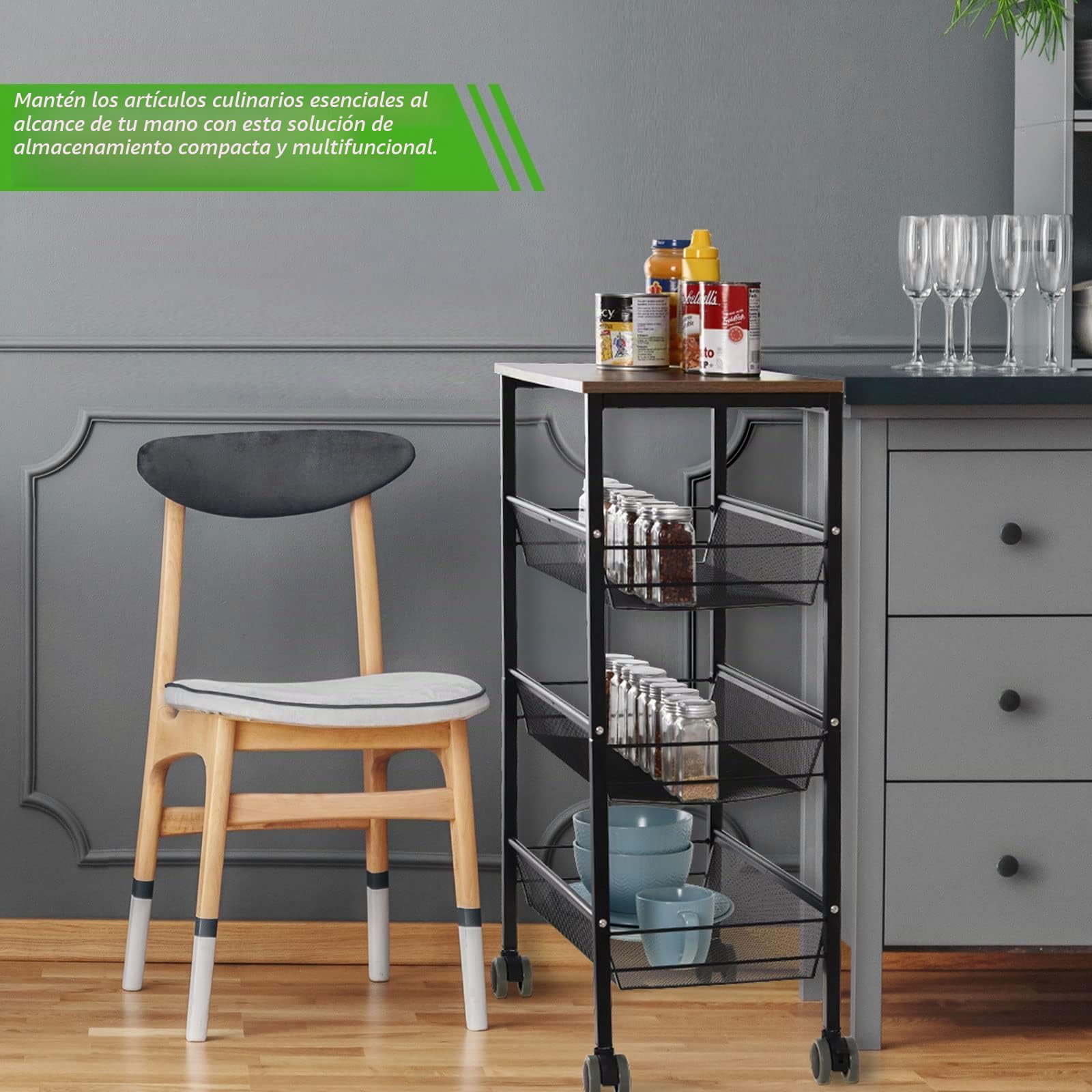 Carrito de 4 niveles con tablero de madera, carrito de cocina, carrito de servicio de metal, 44 x 29 x 76,5 cm, estante con ruedas para cocina, baño, salón, oficina (negro)
