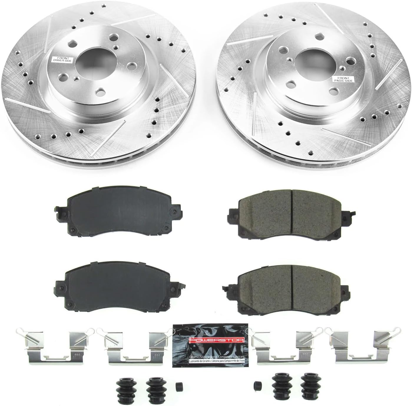 PowerStop Front Brake Kit For Subaru Impreza 2017-22 - Drilled and Slotted Disc Rotors with Ceramic Brake Pads Replacement, K7891
