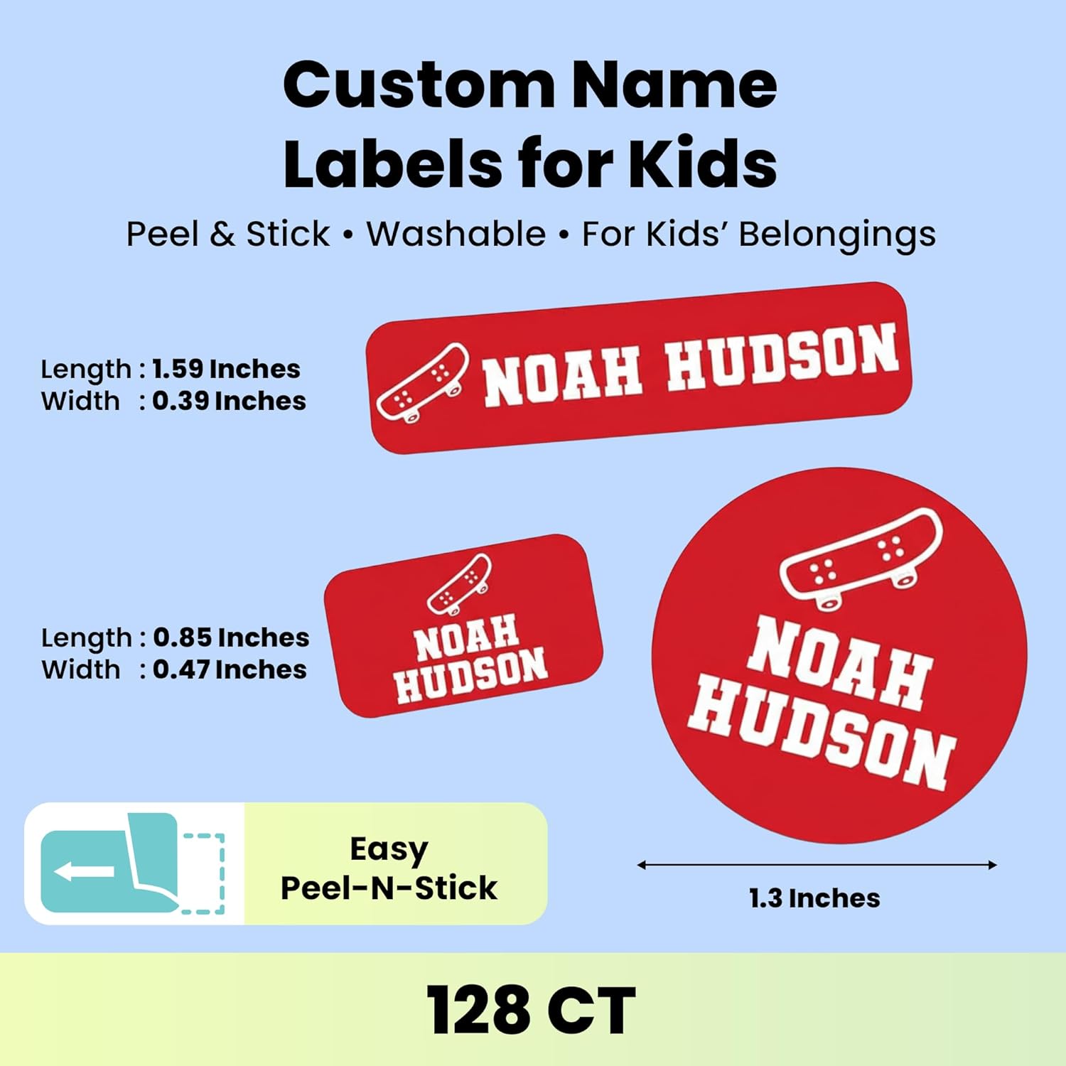 Label Daddy Personalized Name Labels Sports Theme - Waterproof, Durable & Safe for Kids Name Tags - for Shoes, Lunch Boxes, Jackets & More - Self-Adhesive, No Sew No Iron - 128 Ct - Skateboard Design