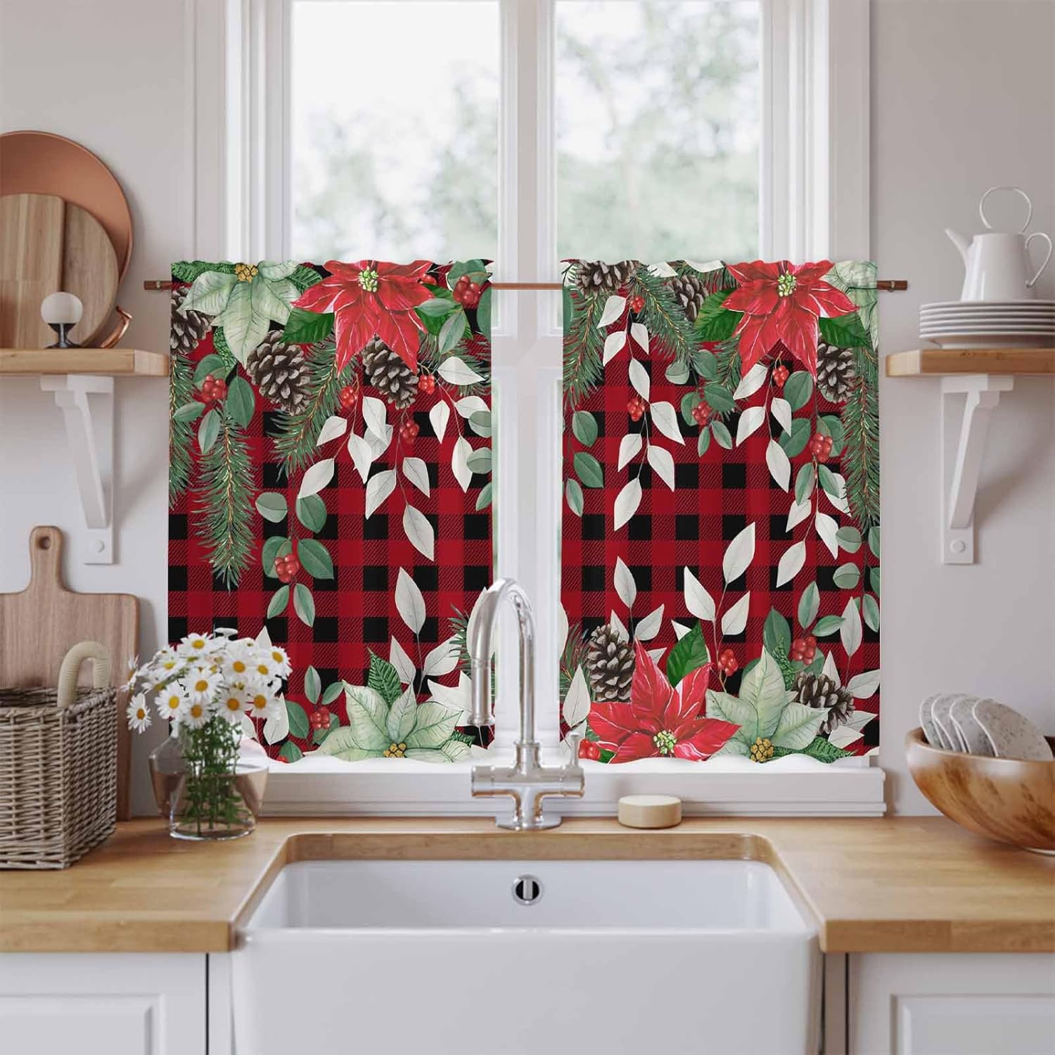 Christmas Eucalyptus Kitchen Tier Curtains 45 Inch Long 2 Panel Set,Rod Pocket Short Window Treatment,Xmas Pine Poinsettia Botanical Red Plaid Curtains & Drapes for Bathroom Basement 27.5"W x 45"L