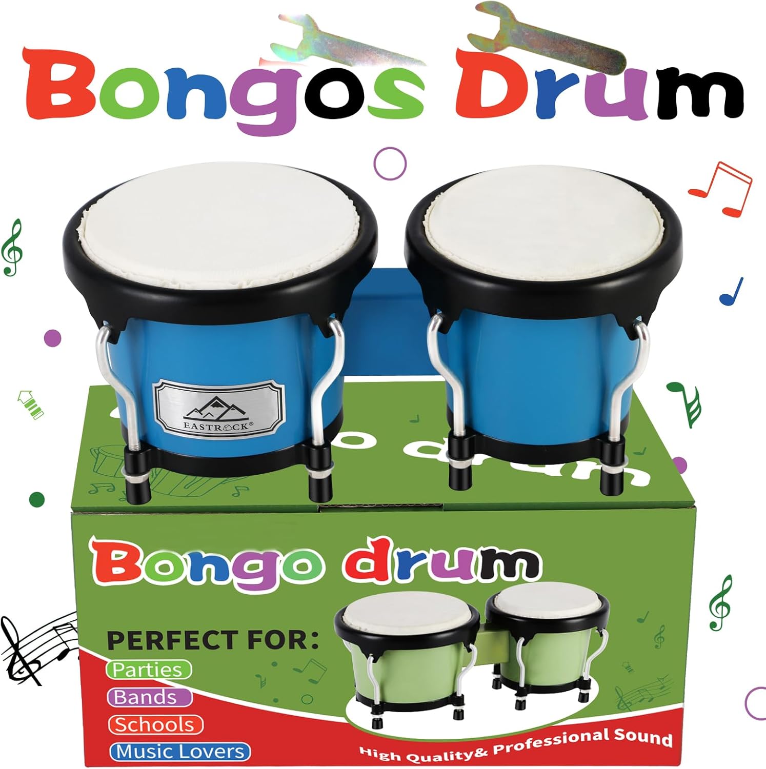 EastRock Bongo Drum 4” and 5” Set for Adults,Percussion Bongos Drum With Tuning Wrench (Blue)