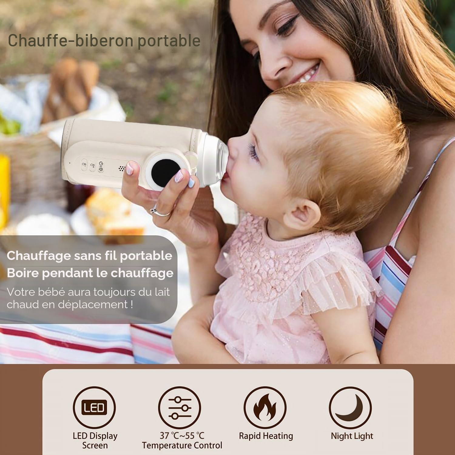 Cozytots Chauffe-biberon Matchild pour bébé en déplacement - Batterie USB - Thermos avec affichage de la température - Poche chauffante pour biberon portable - Étui