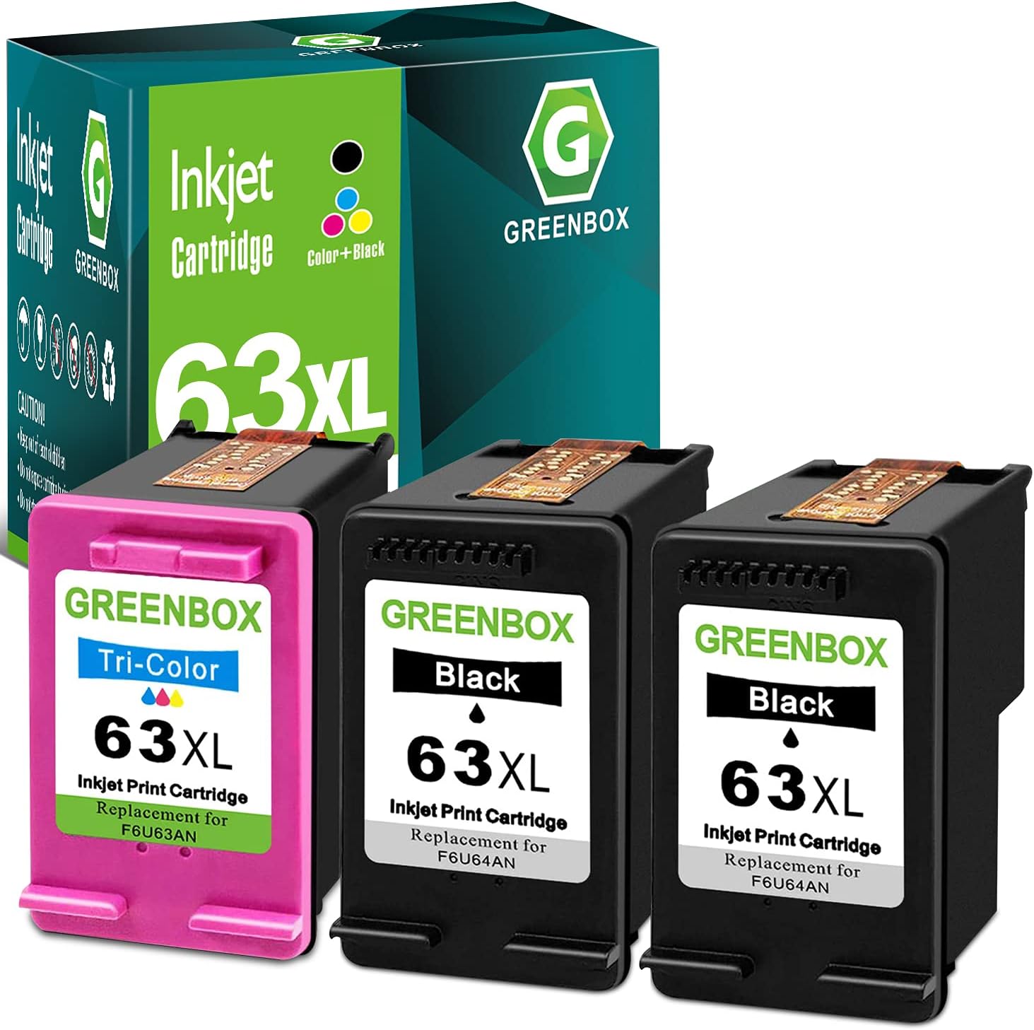 GREENBOX63XL Ink Cartridges Black/Color Combo Replacement for HP 63XL 63 XL Ink Cartridge for OfficeJet 3830 5255 5258 Envy 4520 4512 4513 4516 DeskJet 1112 1110 3630 3634 2130 2132 Printer, 3 Pack