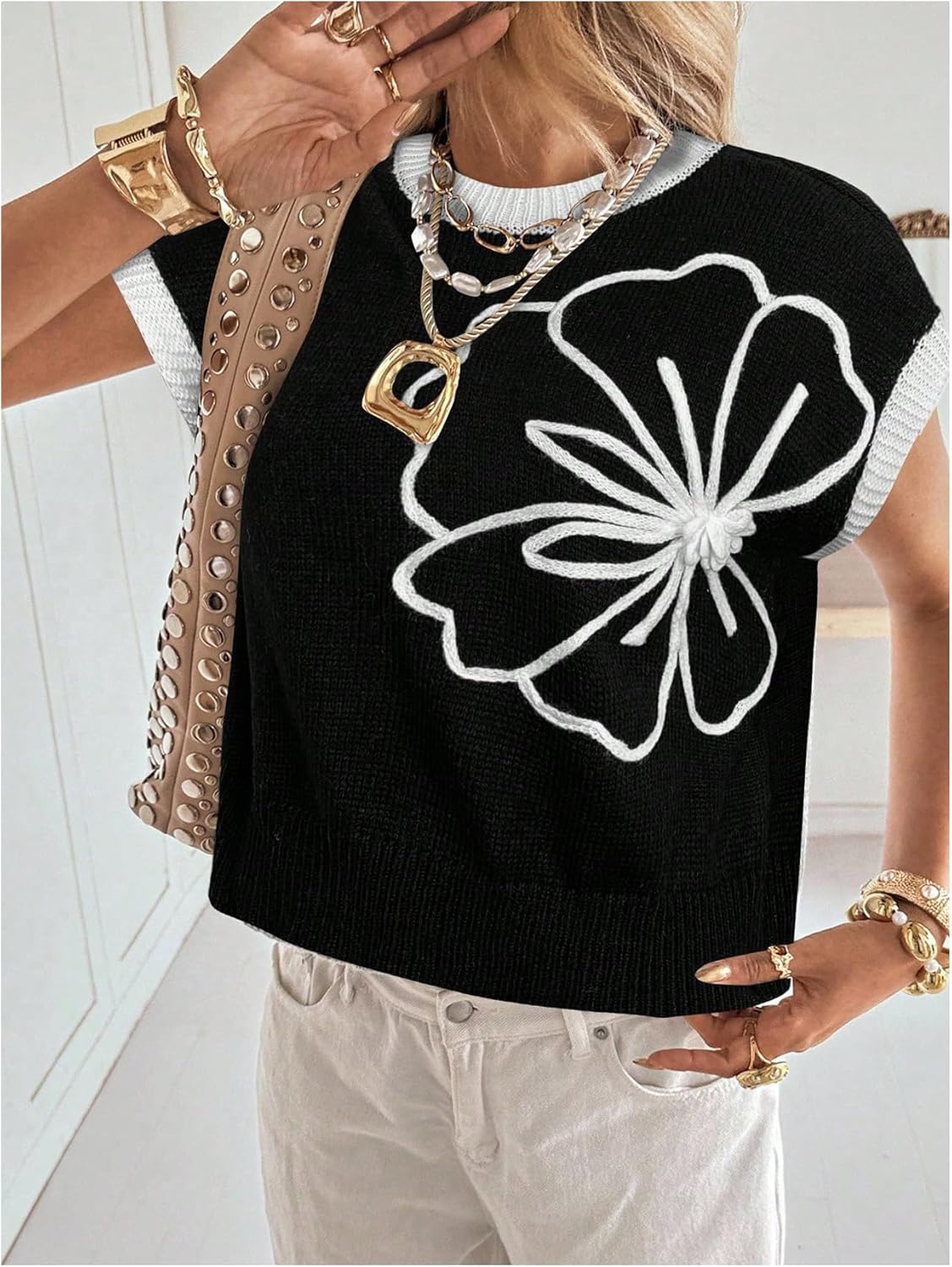 MakeMeChic Women's Bow Sweater Cute Summer Tops Plaid Short Sleeve Crew Neck Y2K Knitted Pullover - Image 5