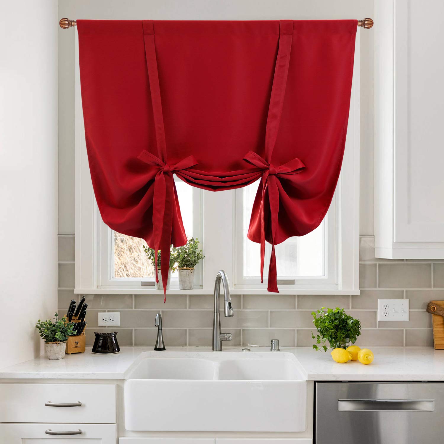 DWCN Tie Up Curtain-Thermal Insulated Room Darkening Blackout Curtains for Kitchen, Bedroom and Bath Room, Red, W42 X L63 Inches, 1 Rod Pocket Panel