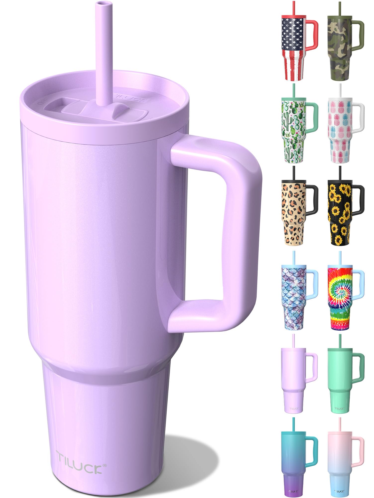 TILUCK 40 oz Tumbler with Handle and Straw Lid, Leak-Proof Cupholder Friendly Travel Mug, Stainless Steel Double Wall Vacuum Insulated Tumbler for Water, Iced Coffee or Tea (Lavender)