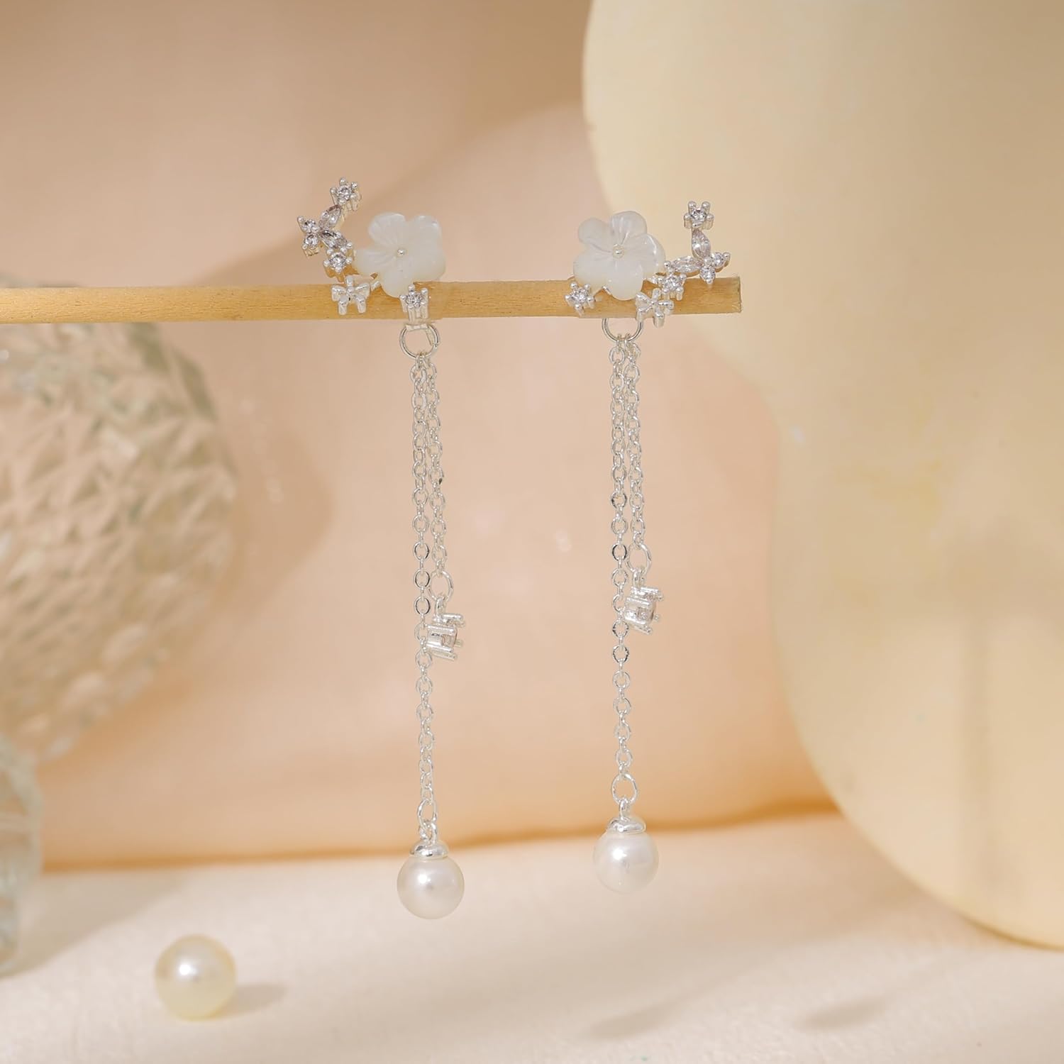 Dangle Earrings For Women, 14K Gold Plated Pearl Flower Earrings Dainty Drop Statement Earring For Women Trendy Wedding Long Teardrop Earring Formal Bridal Bridesmaid Tarnish Free Gold Jewelry - Image 6