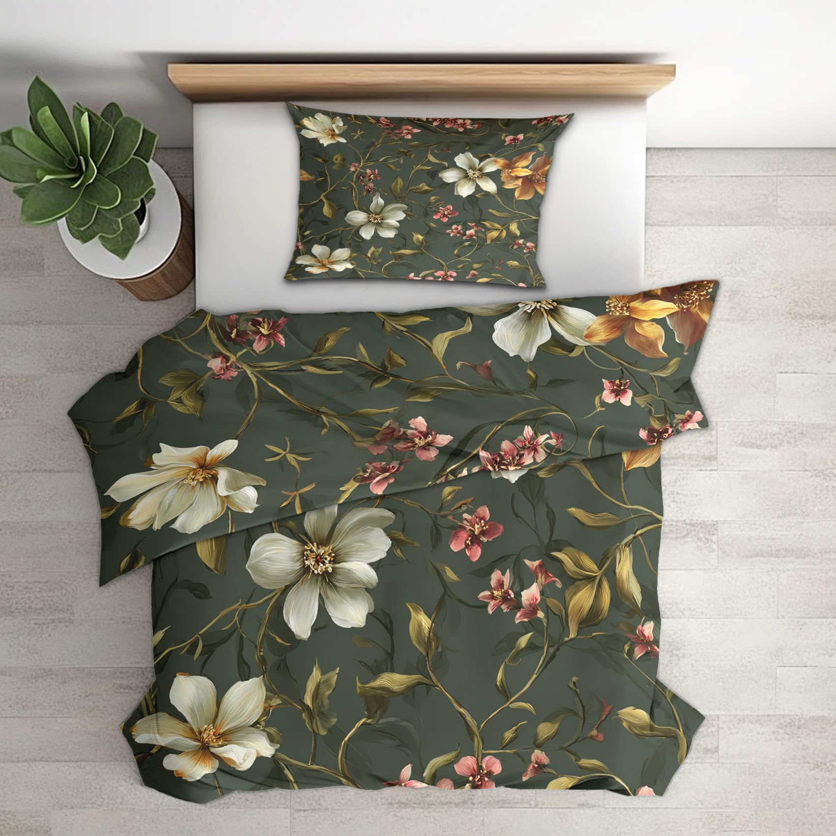 Generisch Grün Blumen Bettwäsche 135x200, Schlafzimmer Deko Wendebettwäsche 2tlg, Botanisch Blumenmuster Bettbezug & 1 Kissenbezug 80x80, Weiche Mikrofaser, mit Reißverschluss -h457
