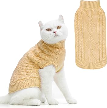 PUPTECK Winter Cat Sweater Coat - Soft Warm Cold Weather Clothes Knitwear for Kittens & Small Dogs Indoor Outdoor Wearing, Knitted Classic for Doggies Kitties Girls Boys, Beige, S