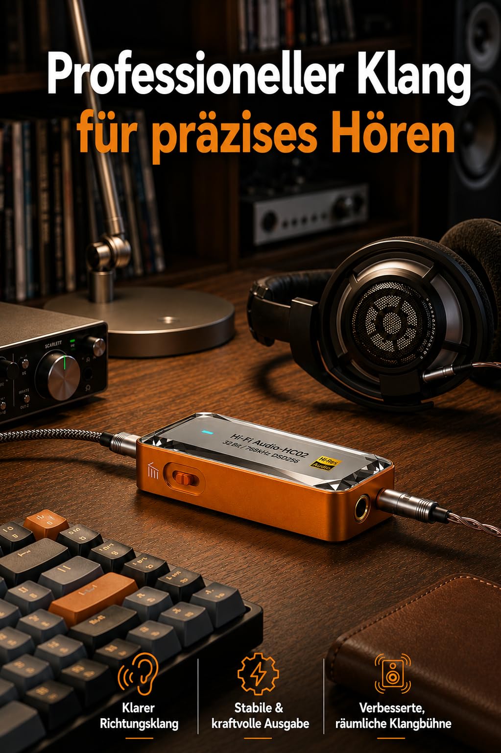 USB-C DAC Kopfhörerverstärker, 3,5 mm und 4,4 mm, HiFi DAC Dongle mit CS43198, 32 Bit/768 kHz, DSD256, tragbarer Audioadapter für Smartphone, Tablet, Laptop und PC, Orange
