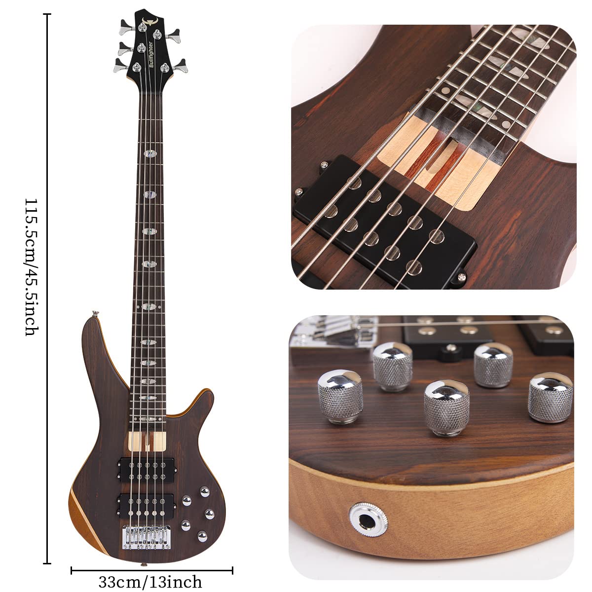 Bullfighter E-Bass 5 Saiten in voller Größe P Bass Set für Anfänger schwarz mit Konzerttasche, Gitarrengurt und Gitarrenkabel