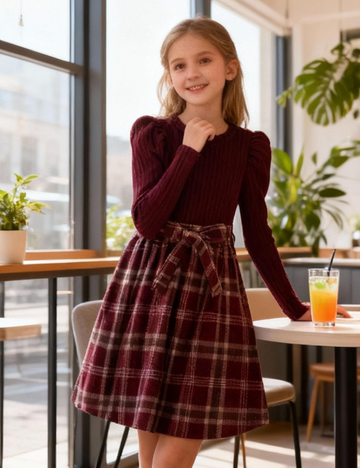 Arshiner Girls Dresses Puff Long Sleeve Rib Knit Plaid Patchwork Belted Holiday Dress with Pockets - Image 7