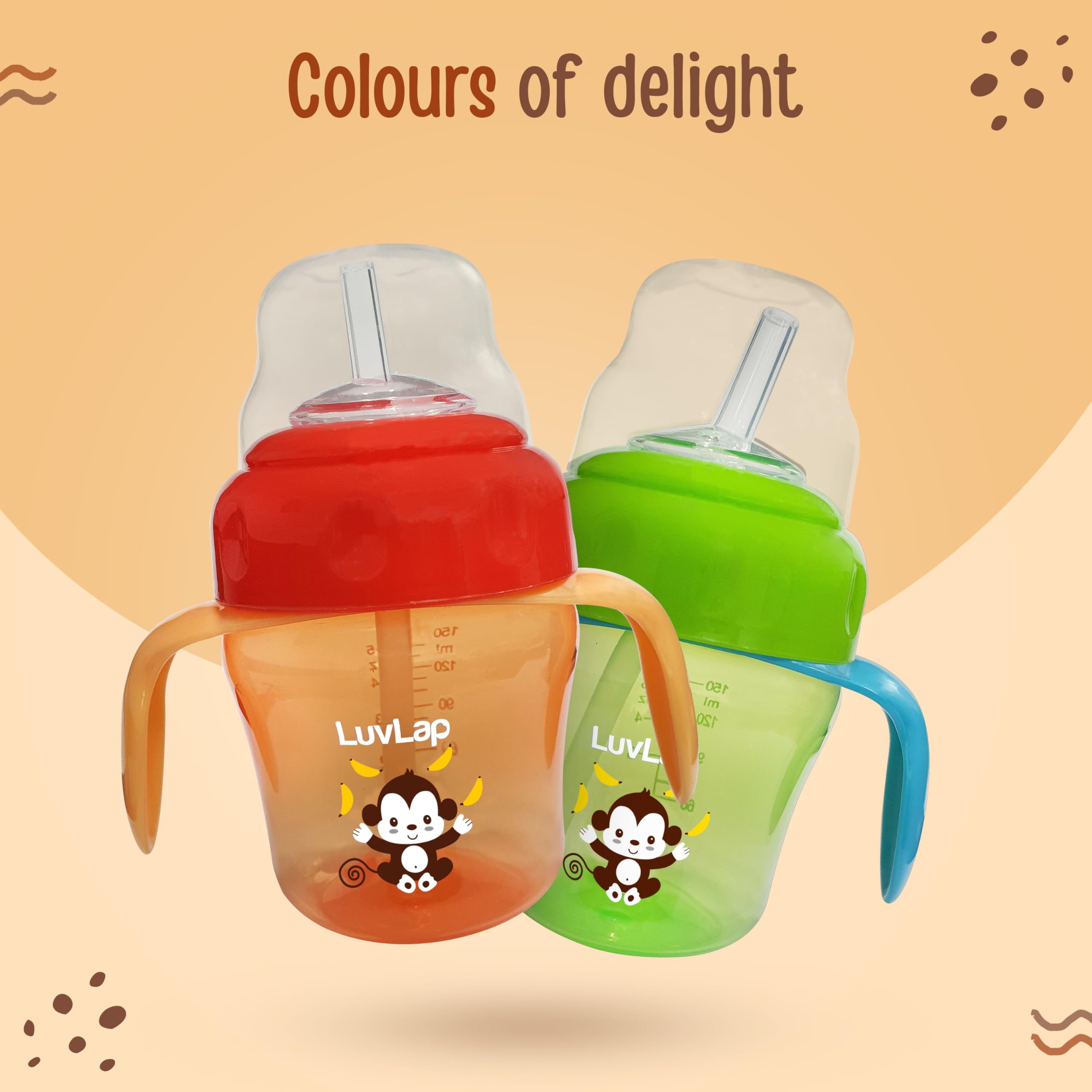 Luvlap Banana Time 150ml Anti Spill, Interchangeable Sipper / Sippy Cup with Soft Silicone Spout and Straw BPA Free, 6m+ (Orange) - Image 7 thumbnail