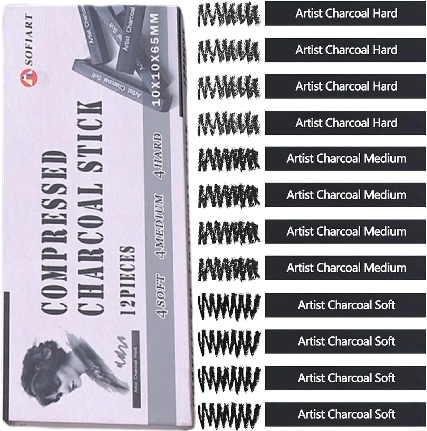 Compressed Charcoal Sticks, 12 Pieces (Soft, Medium, Hard) Square Vine Charcoal Sticks for Drawing, Sketching, Shading, Charcoal Drawing Set for Beginners & Pro Artists