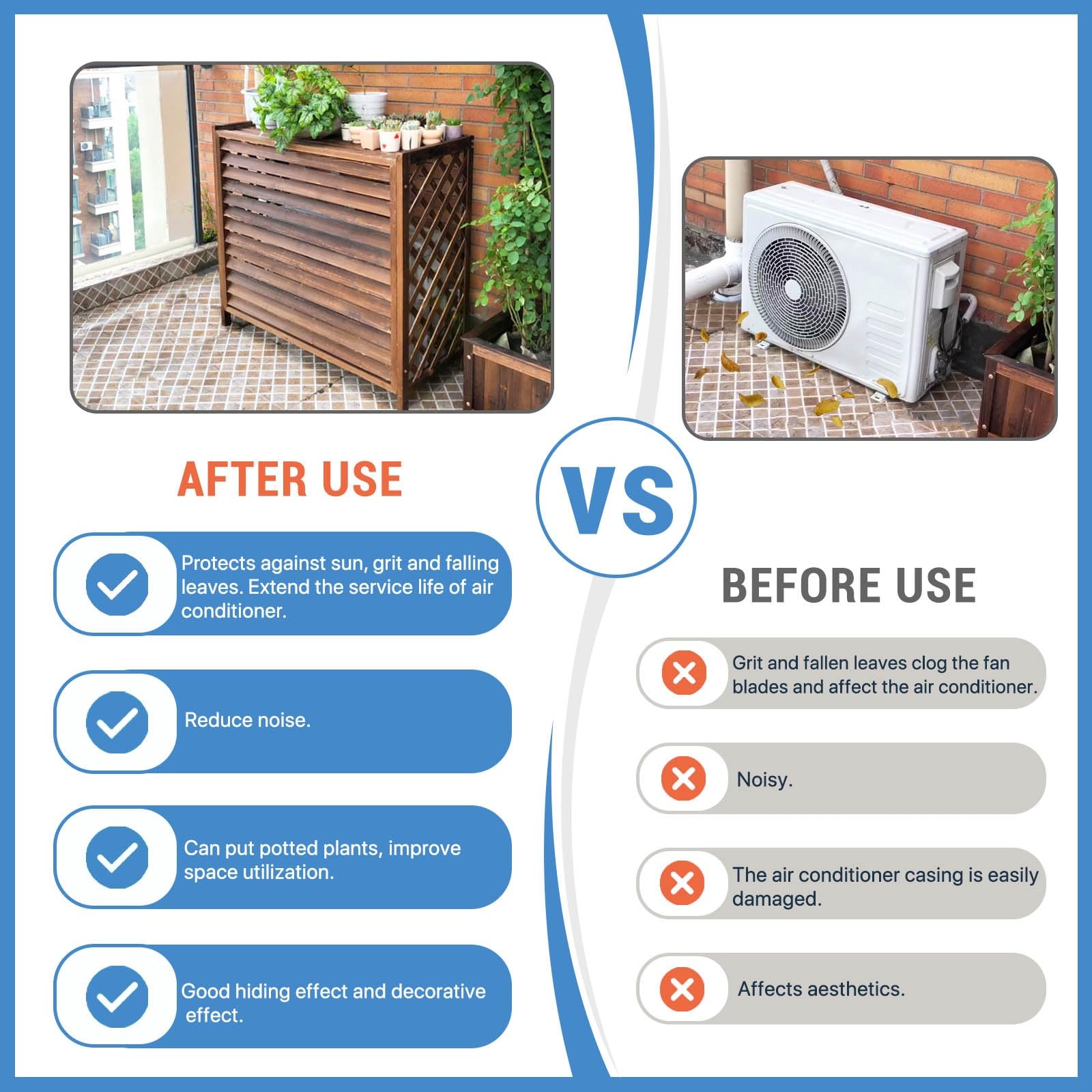 Cubre Aire Acondicionado Exterior Madera Vallas De Madera Balcon Privacidad Protector Aire Acondicionado Exterior Anticorrosión Funda Aire Acondicionado Exterior Para Jardín Soporte Para Plantas(110x5