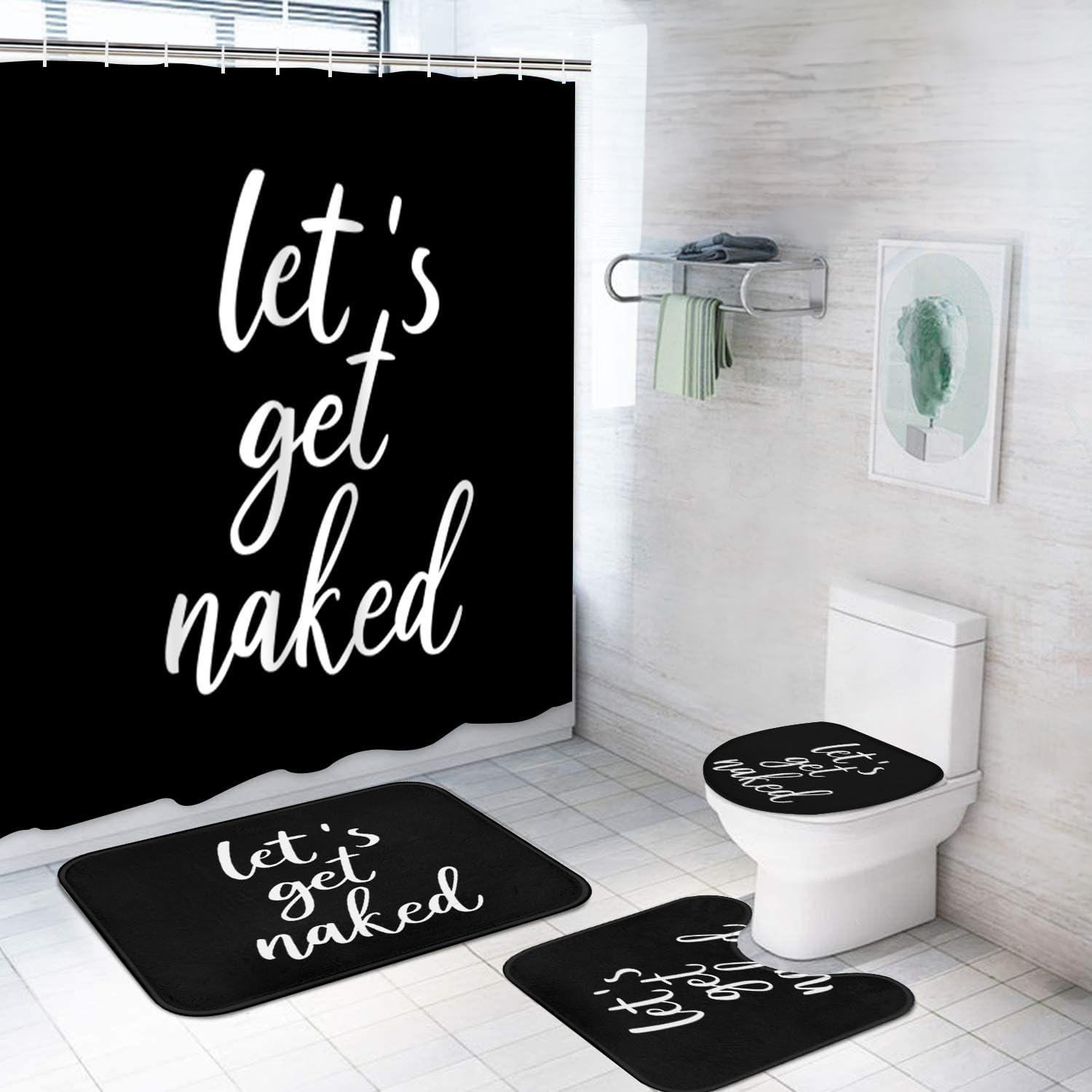 Juego de cortina de ducha Let's Get Naked con alfombras y 12 ganchos para baño