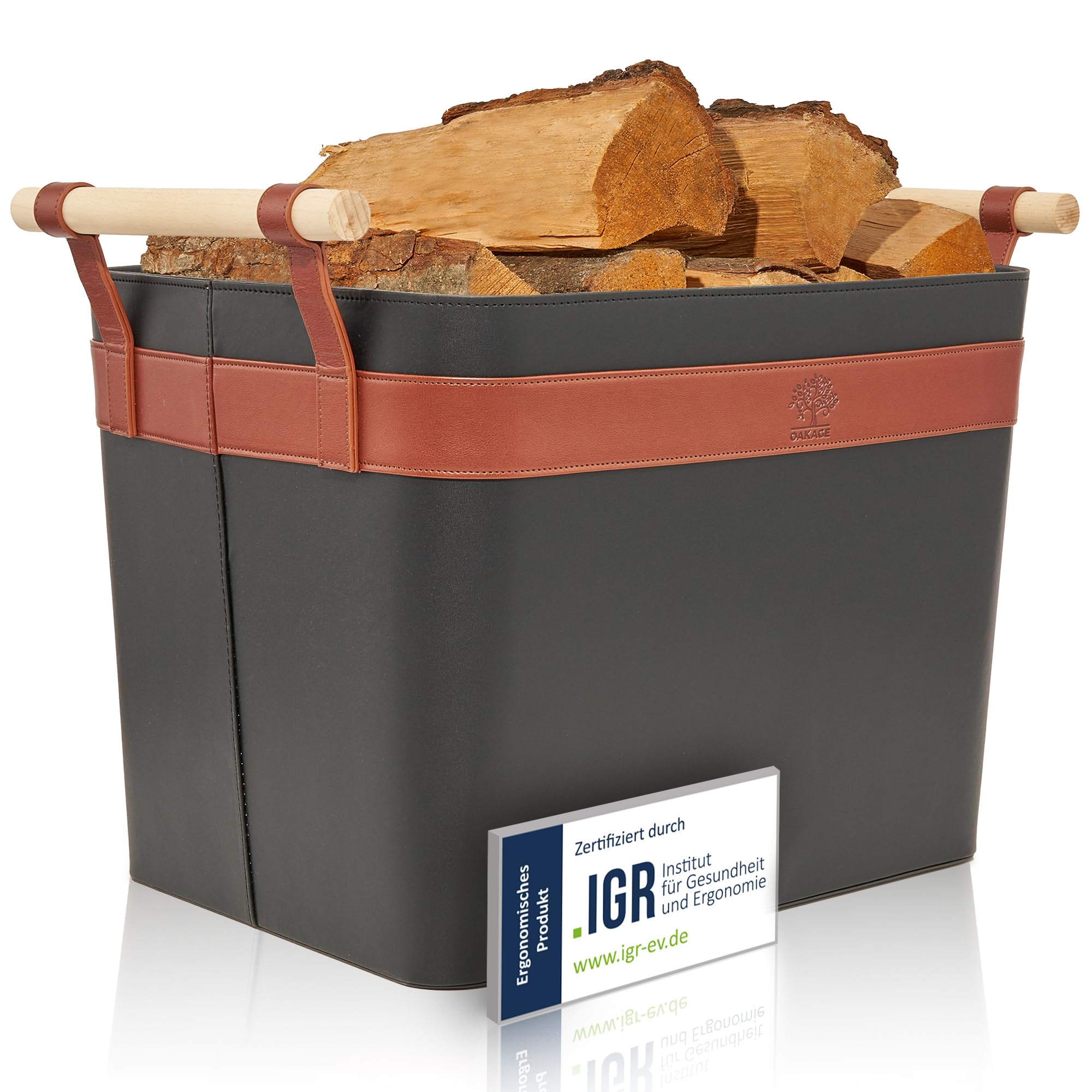 OAKAGE® Holzkorb für Kaminholz Groß aus veganem Leder Kaminholzkorb Feuerholzkorb Brennholzkorb Kaminkorb | Korb Bundle