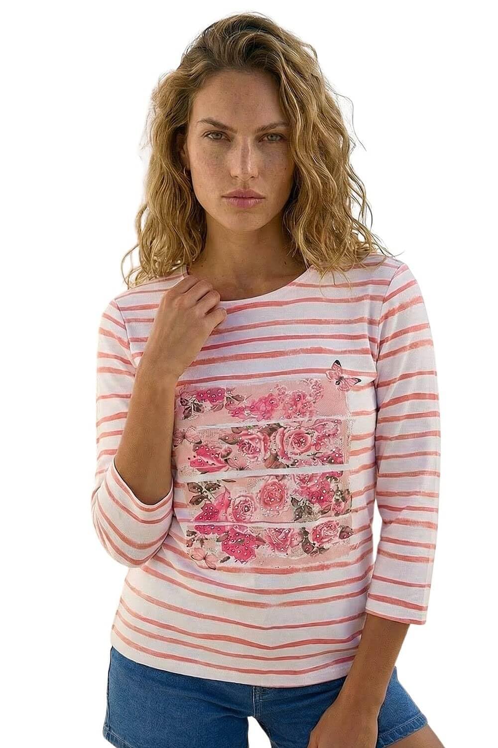Roman Women's Pink Floral Embellished Stripe Top In | Size: 12