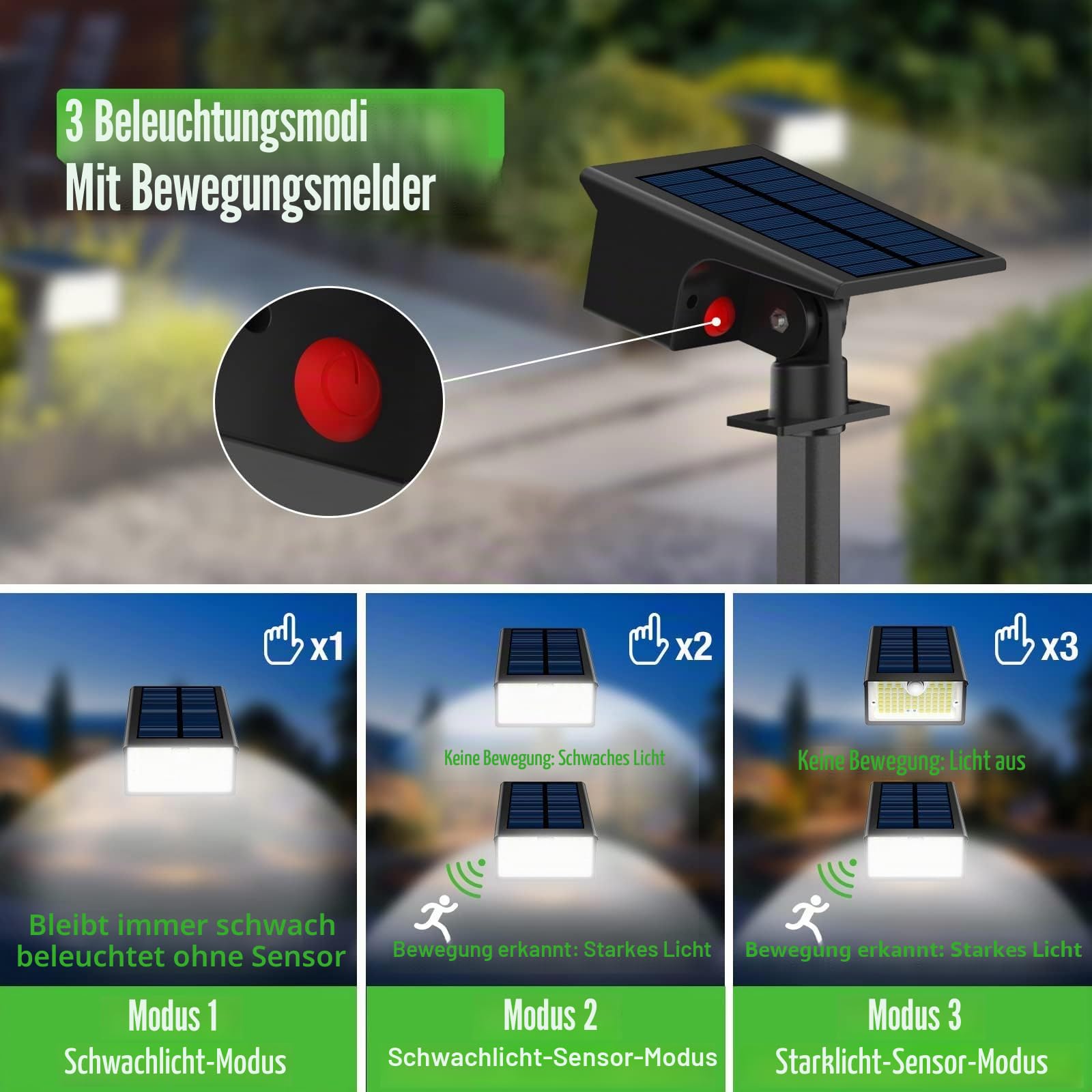 6 Stück Solarleuchte für den Außenbereich, mit Bewegungsmelder, 62 LEDs, Solar-Spot, für den Außenbereich, 3 Modi, Außenbeleuchtung, wasserdicht, IP65, Solarlicht, für den Außenbereich, für Garten,