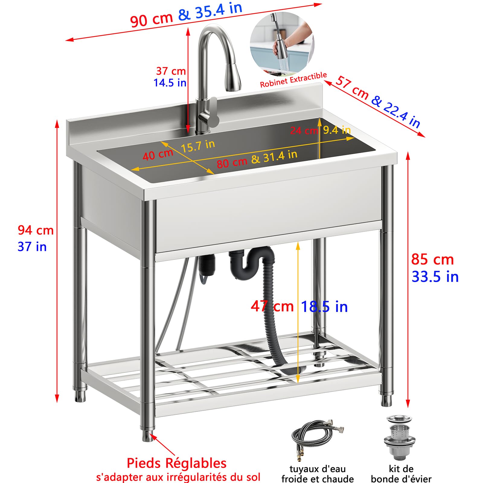 Grand Évier à Autoportant en Acier Inoxydable, 90 cm Évier de Cuisine sur Pied Commercial avec Robinet Extractible, Évier ‎Autonome pour Extérieur, Cuisine, Restaurant, Garage, Buanderie, Jardi