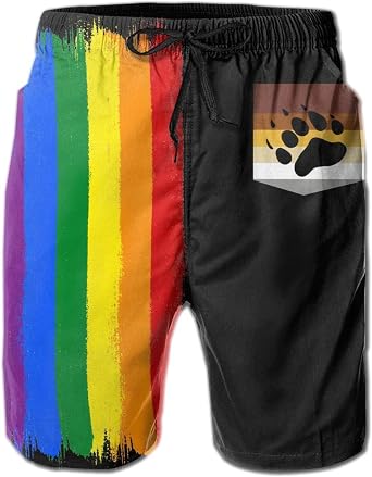 Swim Shorts Mens Bear LGBT Gay Pride Flag Swim Trunks Quick Dry Summer Surf Beach Shorts with Pocket Drawstring