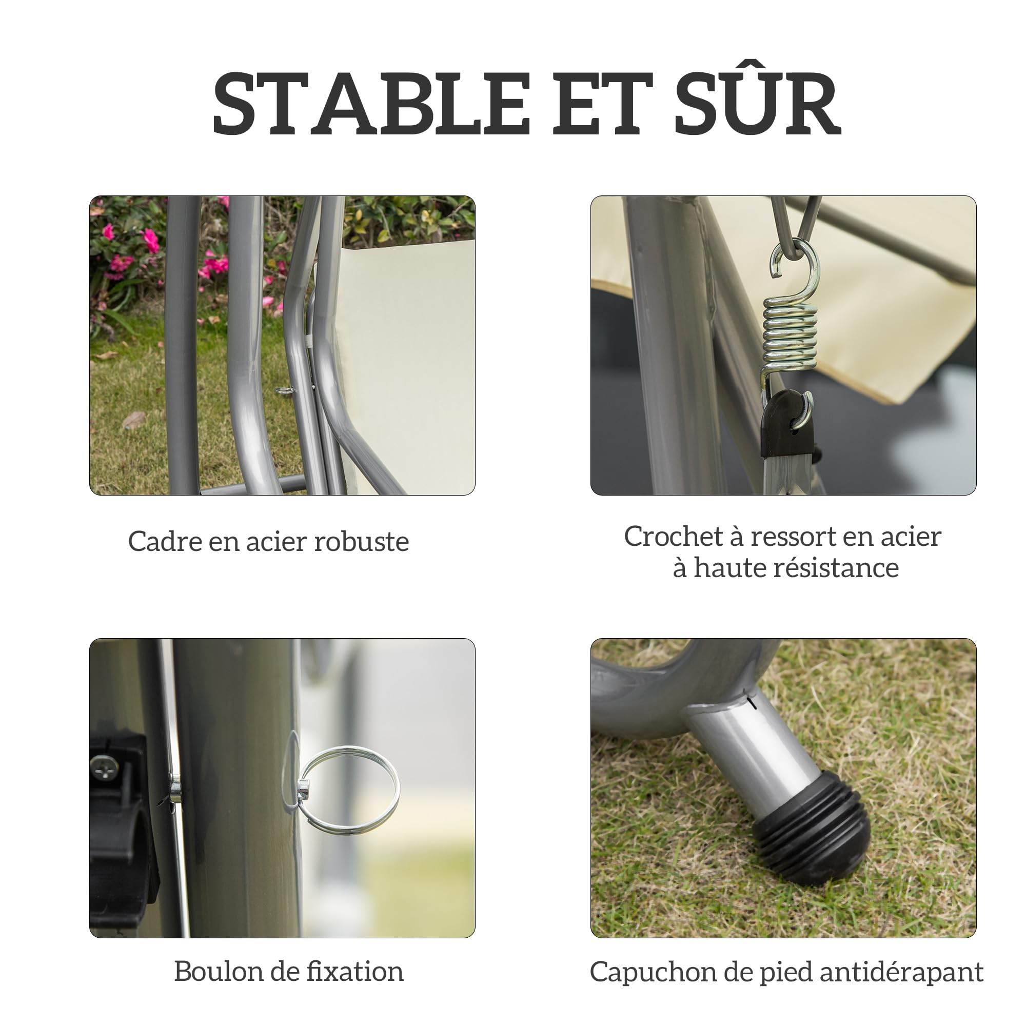 Outsunny Balancelle de Jardin 3 Places Convertible Toit Inclinaison réglable Acier Noir Polyester Beige
