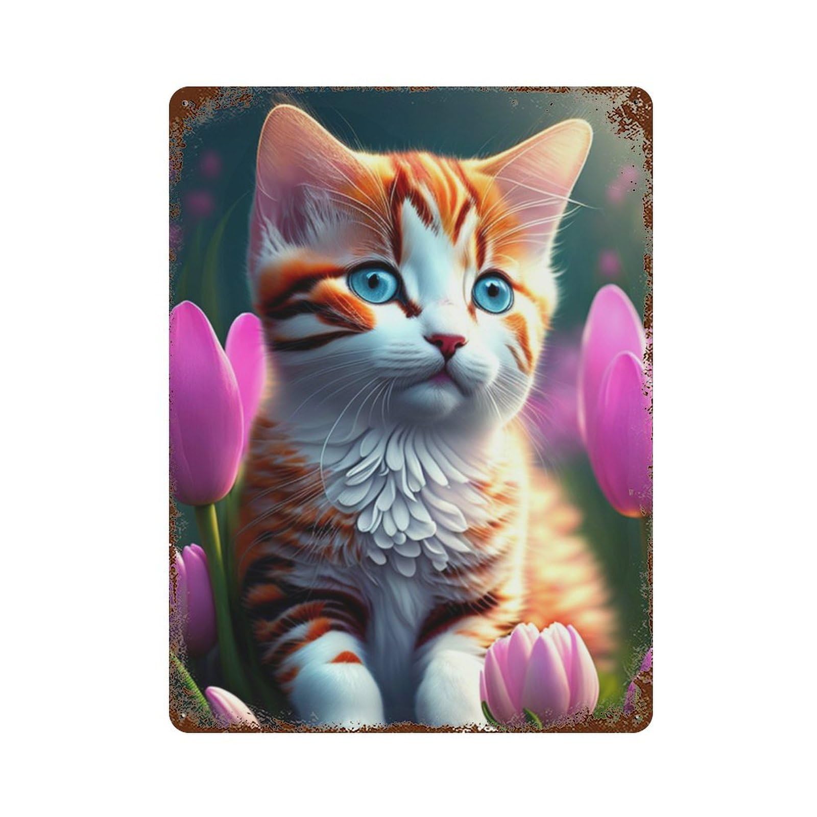 Floral Fantasy Kitten -1 Rust Effect Tin Sign 15.7"x11.8", Decorative Metal Wall Art for Living Room, Hallway And Home Decor