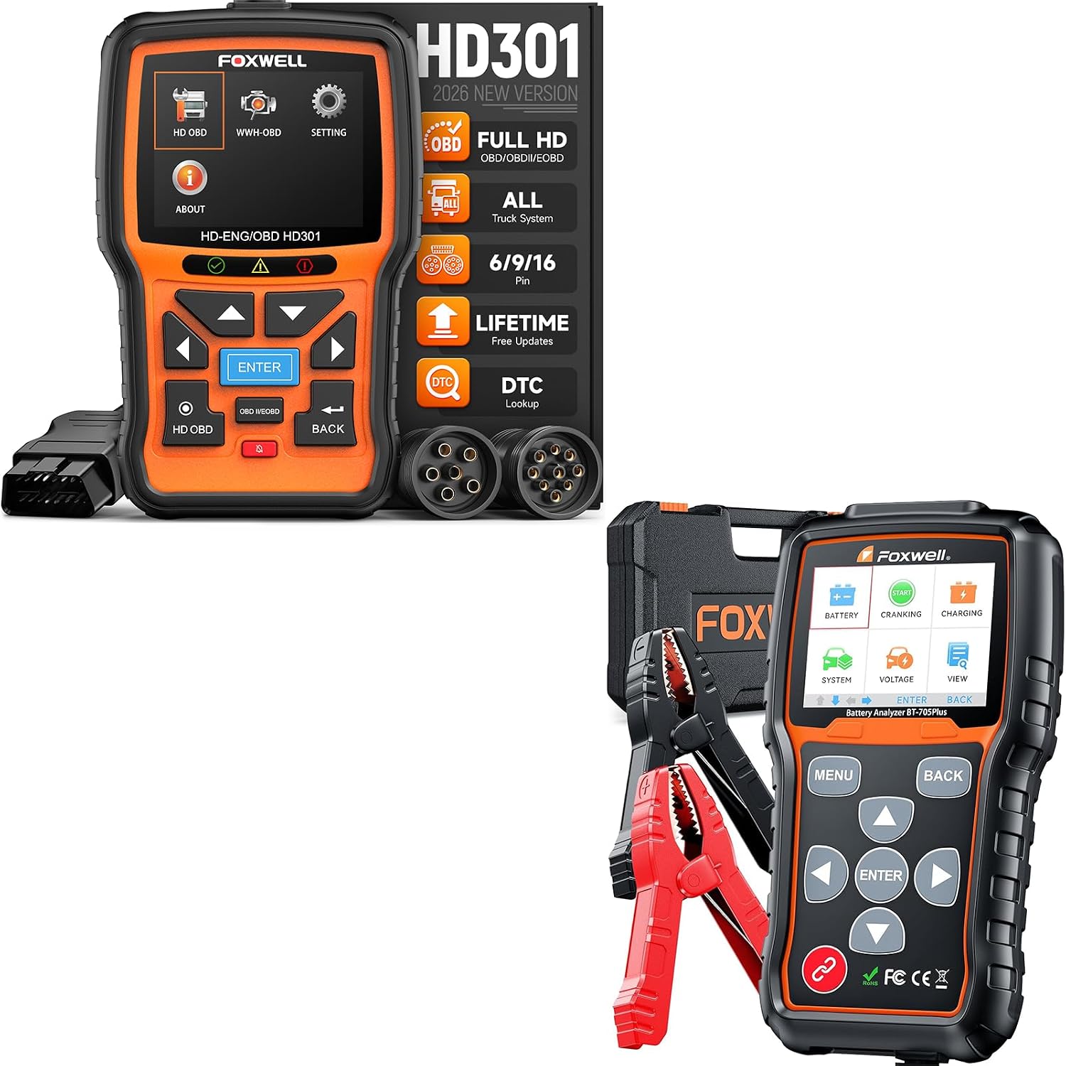 FOXWELL HD301 Heavy Duty Truck Scanner, Full System Diesel Scan Tool with 6/9/16 Pin + FOXWELL BT705 Plus Car Battery Tester 24V 12V Load Tester