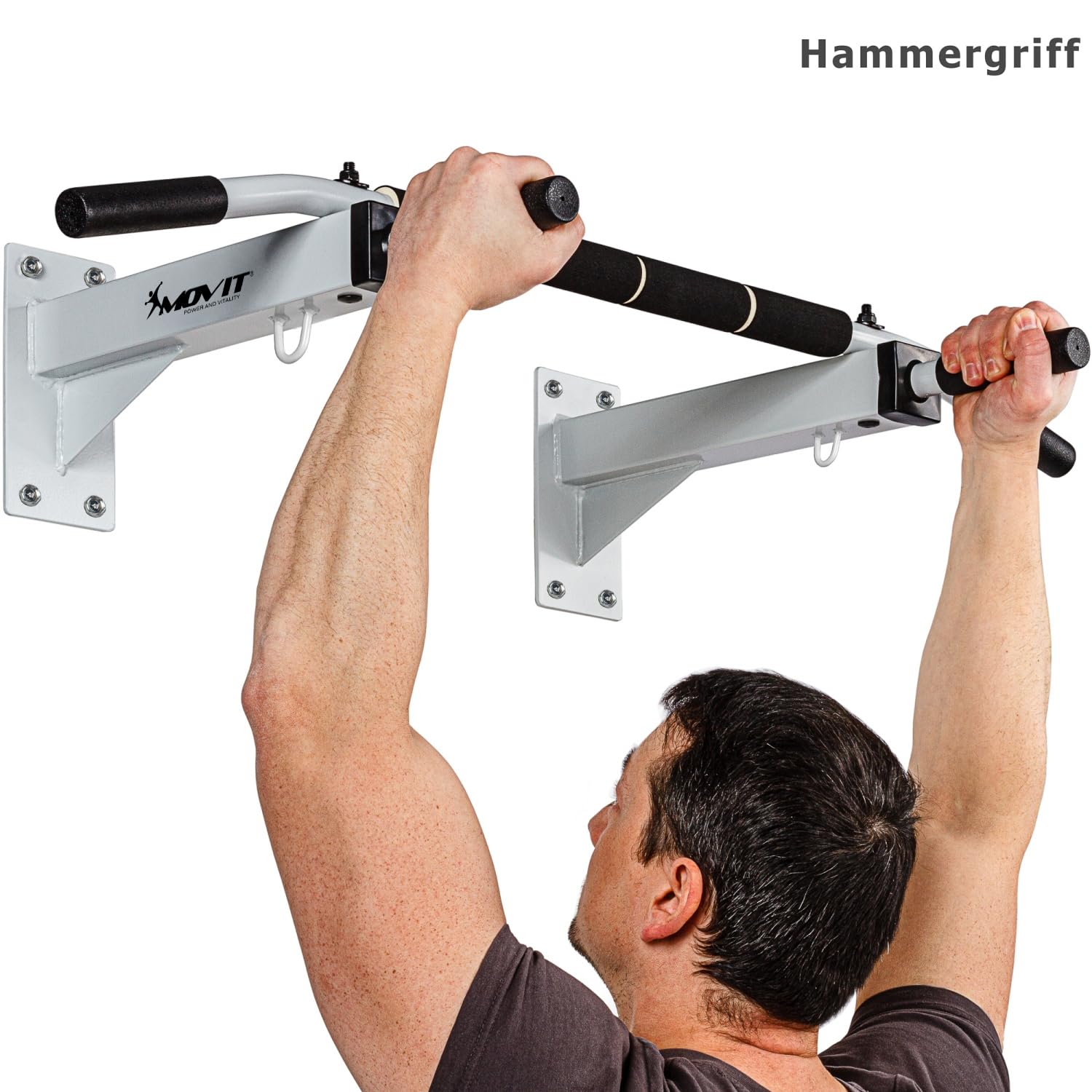 MOVIT® Profi Klimmzugstange zur Wandmontage, bis 350 kg, 4x rutschfeste Griffe + XXL Softgrip, 2x Ösen für Zubehör, schadstoffgeprüft, Weiß oder Schwarz, Türreck Reckstange Pull up bar
