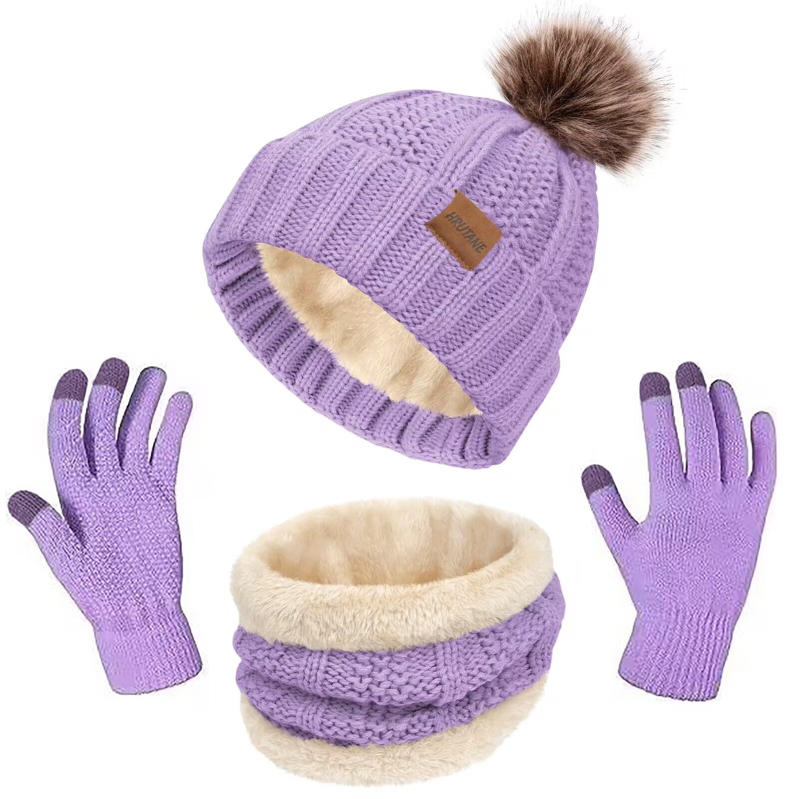 HRUTANEWomens Winter Hat and Scarf Set 3 Pcs, Thick Warm Knit Skull Cap Neck Warmer TouchScreen Gloves