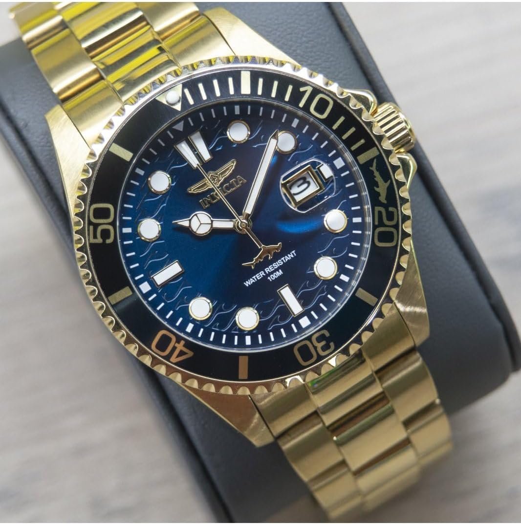 Close-up of Invicta Pro Diver Watch blue dial and gold band