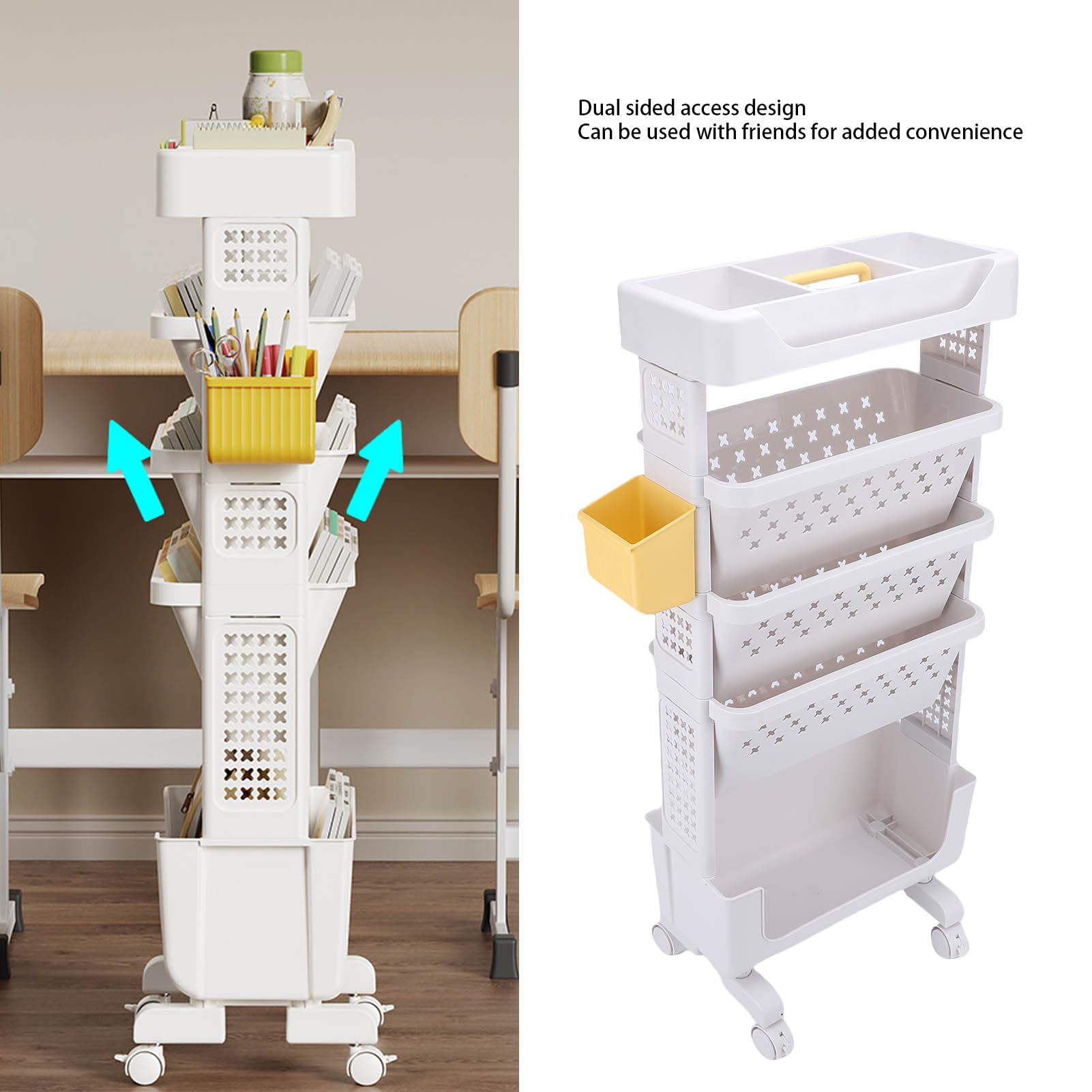 Wózek na Książki na Kółkach Wielopoziomowy, Solidny, Ruchomy Organizer do Przechowywania w Sypialni biurowej. Materiał PP. Wysokość 85 Cm (WHITE)