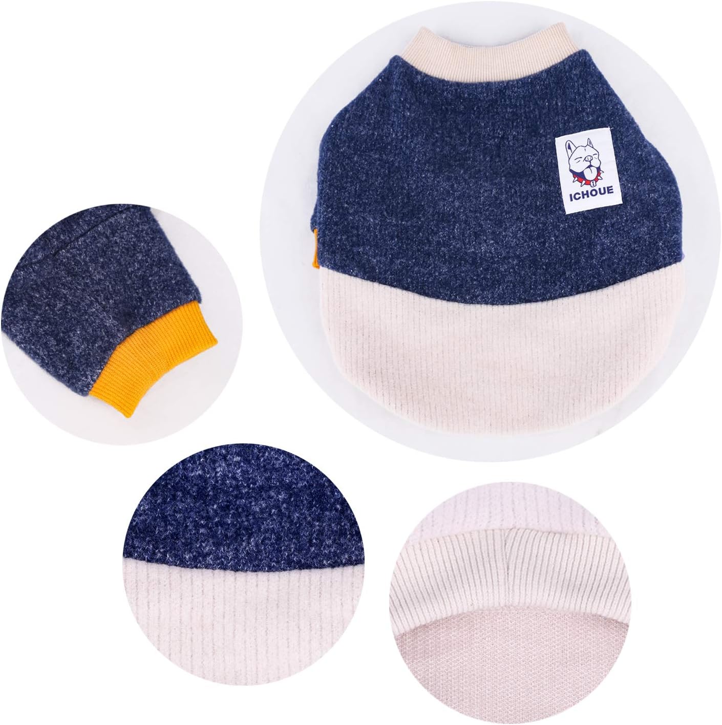 iChoue Pet Dog Crewneck Sweater Color Block Pullover Winter Warm Clothes for French Bulldog Frenchie Pug Puppy - Navy and Beige/Small