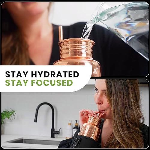 Miniatura 6 de Botella de agua de cobre para beber, vaso de cobre 100% puro martillado con tapa a prueba de fugas, funda aislante extraíble y pajilla, taza