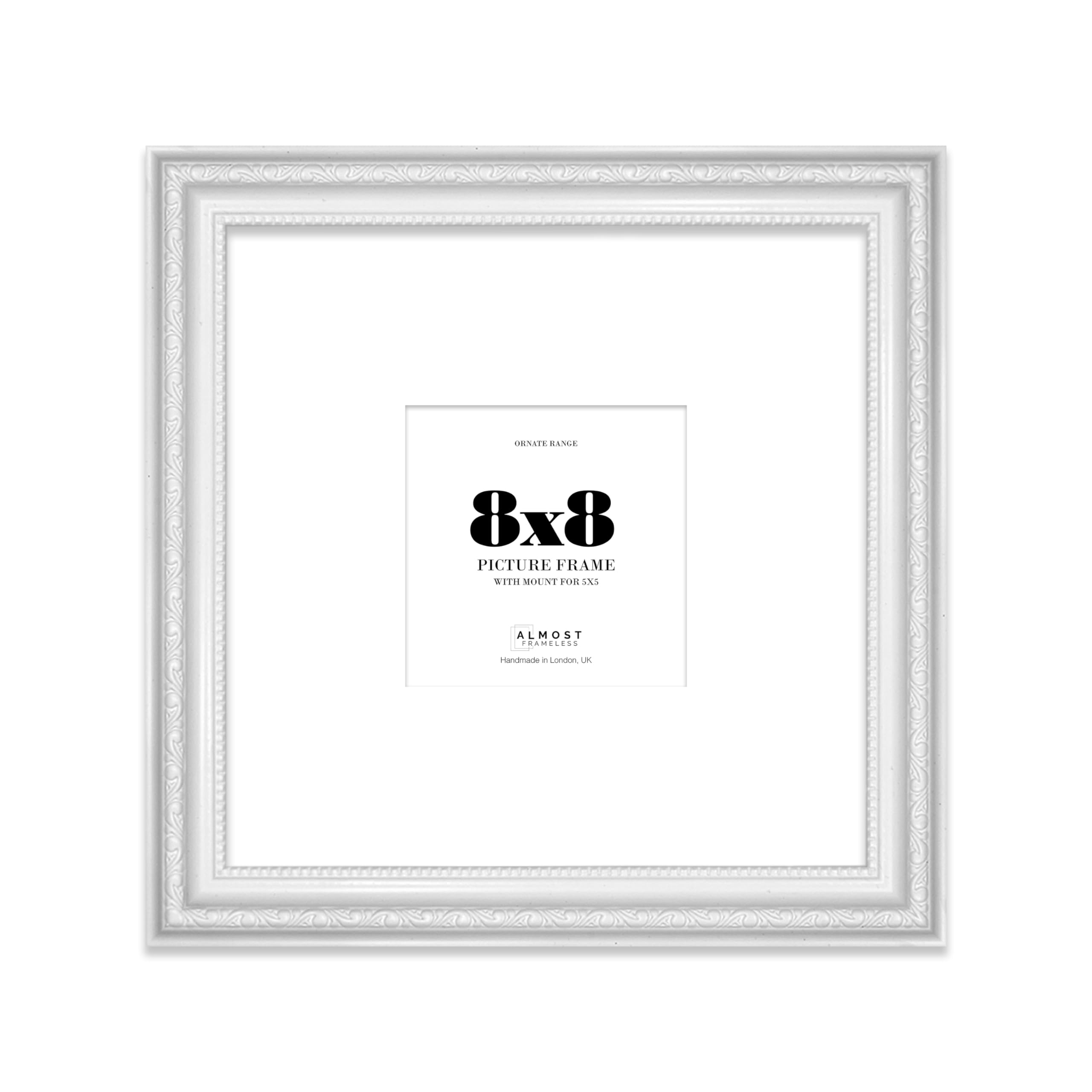 8x8 White Ornate Photo Frame With White Mat For 5x5 Picture, Ready to Hang or Stand, 1 Pack