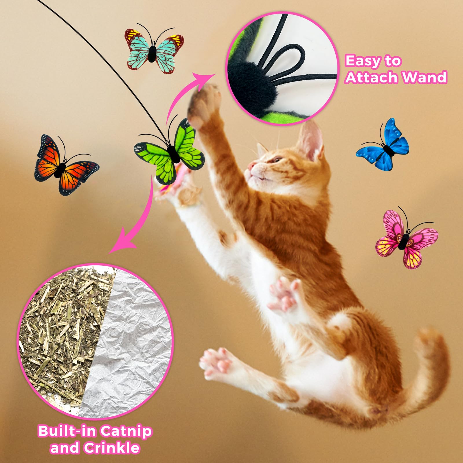 Juguetes de hierba gatera para gatos de interior, paquete de 5 juguetes de hierba gatera de mariposa con arrugado, juguetes para gatos de interior, gatitos y gatitos