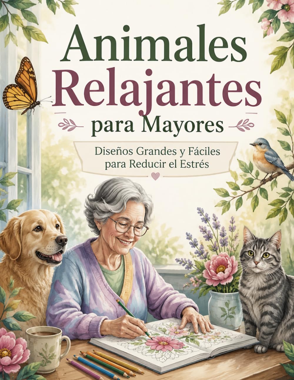 Animales Relajantes para Mayores: Diseños Grandes y Fáciles para Reducir el Estrés | Libro de Colorear para Adultos y Personas Mayores con Animales