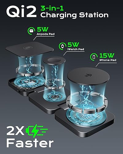 Miniatura 3 de Cargador de viaje 3 en 1 certificado Qi2 compatible con MagSafe, soporte de cargador inalámbrico plegable mejorado, estación de carga 3 en 1