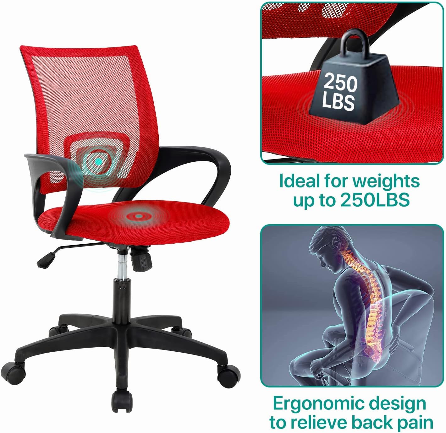 Office Chair Ergonomic Desk Chair Mesh Adjustable Computer Chair Comfortable Adjustable Height Executive Task Chair with Wheel Armrests for Adults Kids, Red