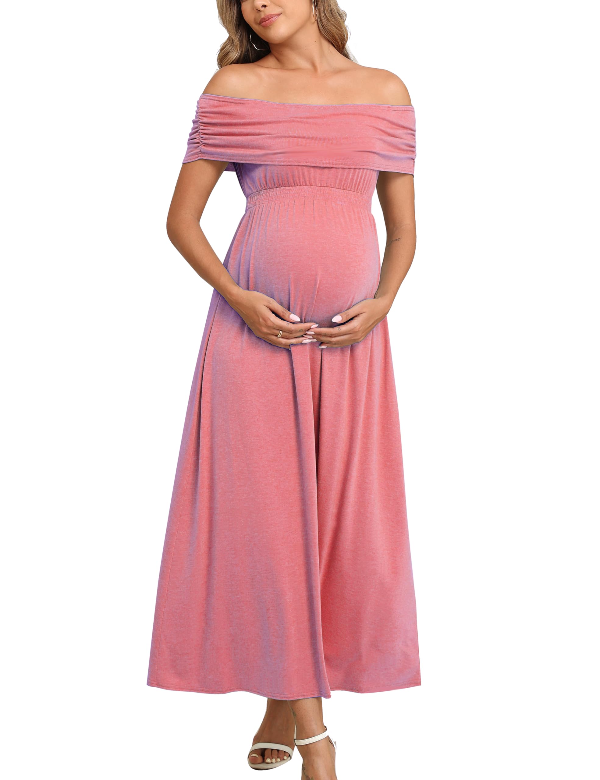 Off The Shoulder Maxi Maternity Dress for Photoshoot Baby Shower Sleeveless Casual Long Dresses, Pink, L
