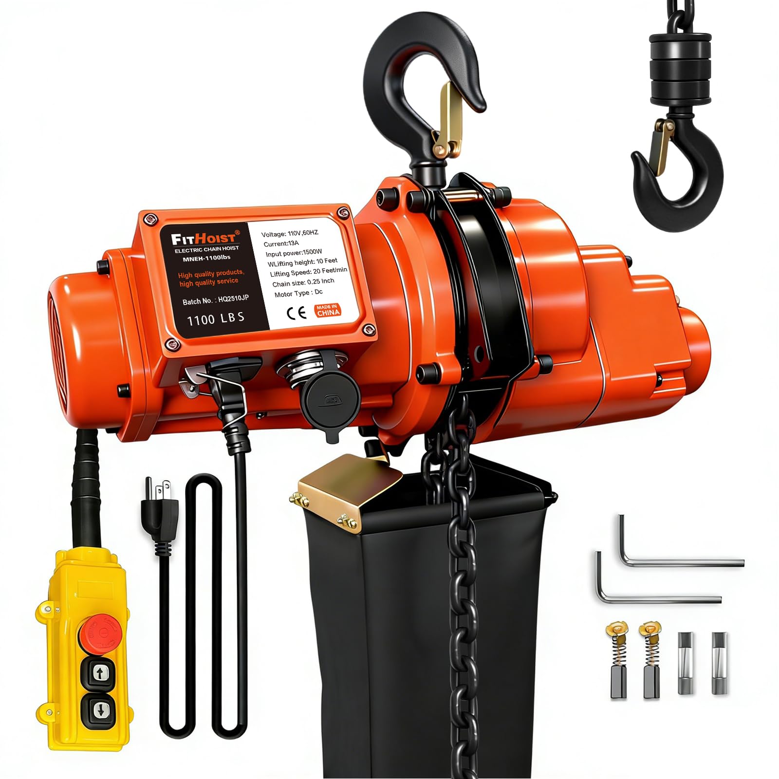 Polipasto eléctrico de cadena, polipasto eléctrico de 1100 libras con control remoto con cable de 20 pies, altura de elevación de 10 pies, grúa monofásica de 1500 W con cadena para fábricas