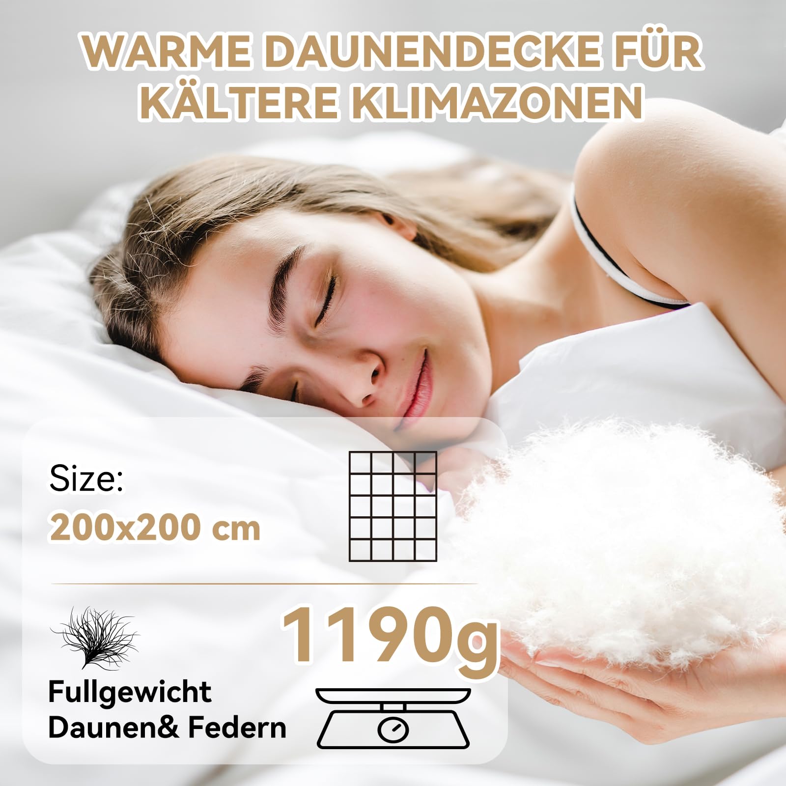 Daunendecke 200x200cm, 90% Daunen und 10% Federn, Klasse 1, Oeko-Tex zertifizierte Winter Bettdecke 200x200, Allergiker, RDS Zertifiziert Daunenbettdecke, Duvet, Winterdecke