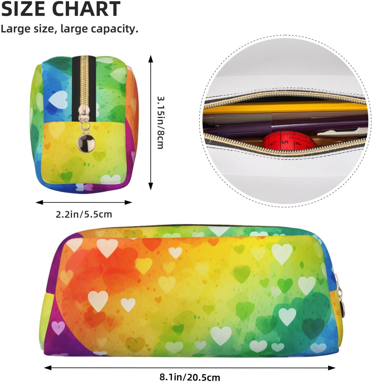 Colorful Rainbow Love Heart Pencil Pouch Large Capacity Pencil Case Leather Cosmetic Bag Office Desk Organizer Coin Pouch Portable Zipper Toiletry Bag for Travel Outdoor image 4