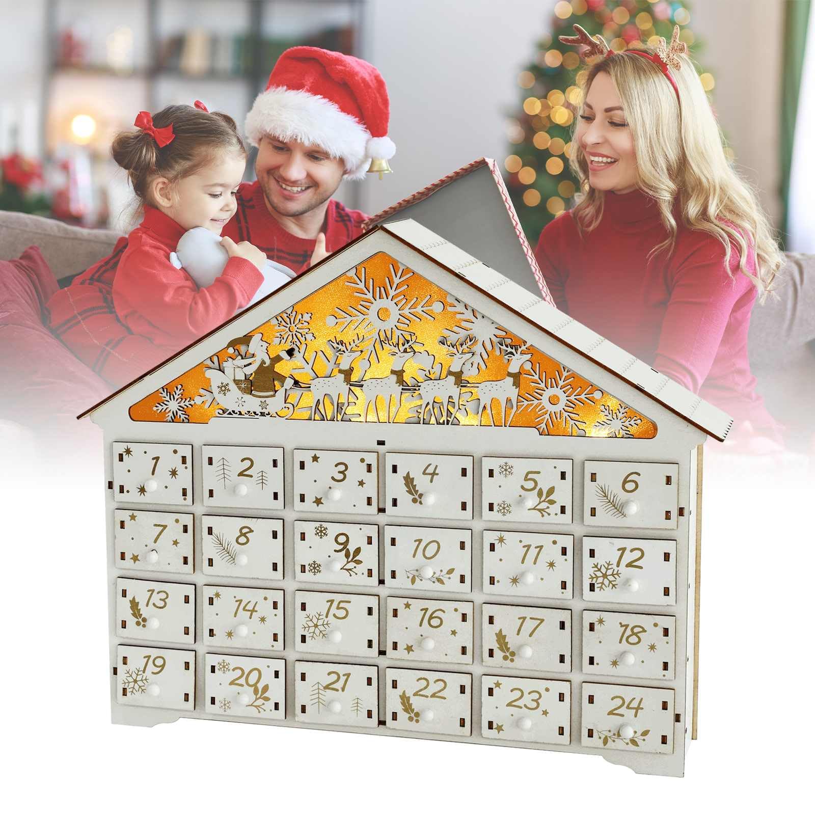 Calendario Ee dell'Avvento in legno con luci a LED,Casa con 24 cassetti di stoccaggio, calendario dell'Avvento da riempire da soli per bambini, decorazione natalizia (cervo bianco)